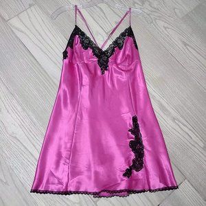 Frederick's of Hollywood Pink Satin Black Lace Slip Dress Nighty Large